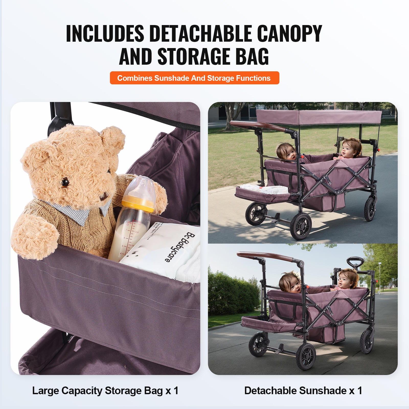Folding Wagon Stroller For 2 Kids With Canopy And Adjustable Handle_voghion.com